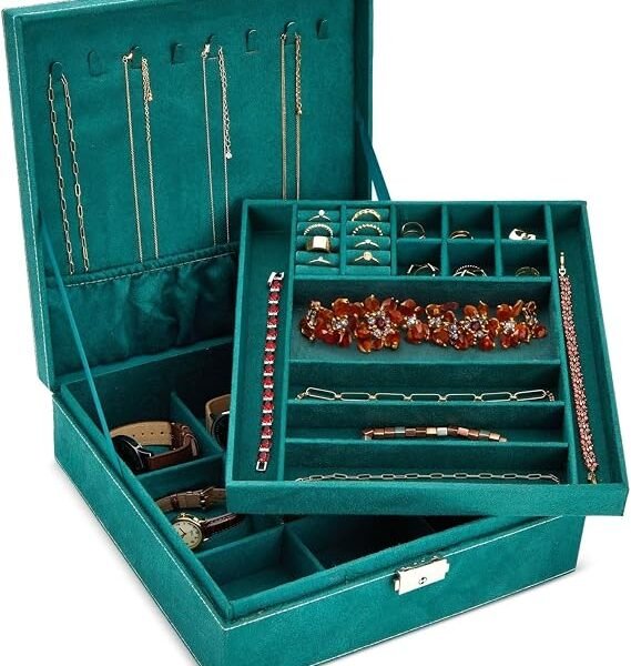 Juvale Velvet Jewelry Box Organizer - Lockable 2 Layer Travel Case, Earrings Storage with Removable Tray for Women, Men (Green)