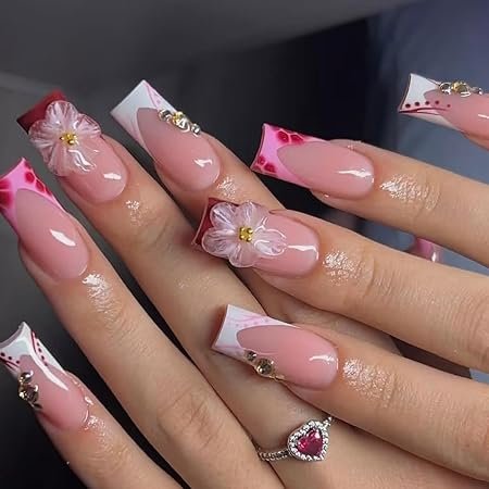 rench Tip Press on Nails Long Square Fake Nails Press ons Red Acrylic Nail Flowers With Designs Stick on Nail for Women 24pcs